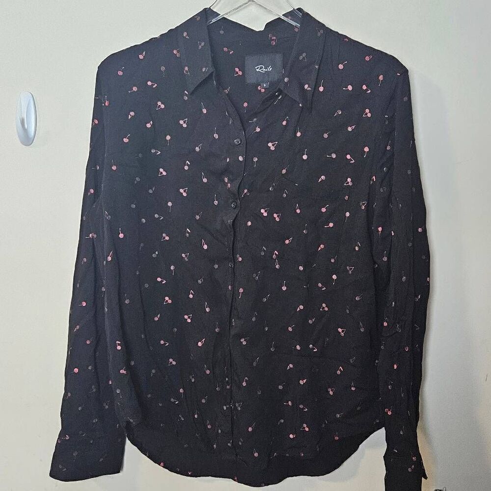 RAILS Women’s KATE Novelty Cherry Print Shirt Black Button Down Blouse Top Small
